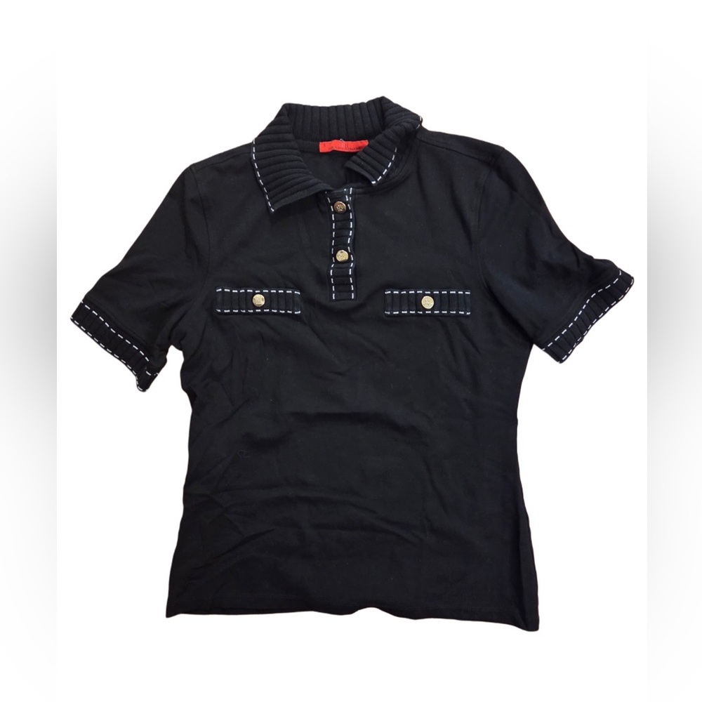Carolina Herrera Black Knit Polo Top Contrasting White Stitch W/ Epaulettes!